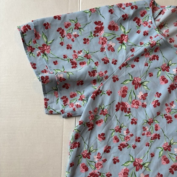 Bloomchic‎ Blue Short Sleeve Blouse Red Floral Tie Button Neck  Sz 18/20 - Picture 4 of 8